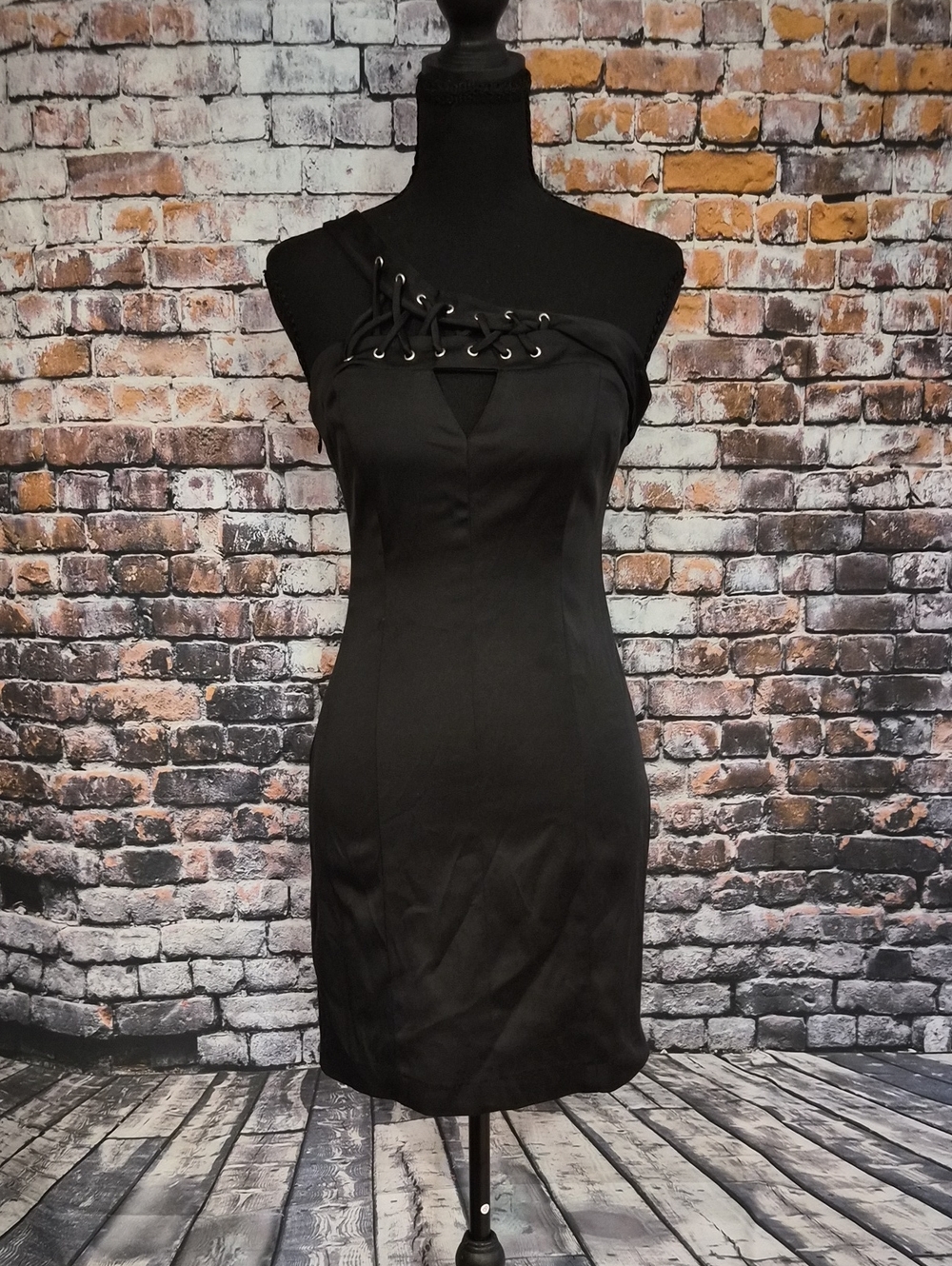 2B Bebe Black One-Shoulder Lace-Up Bodycon Mini Dress